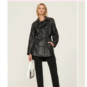 ATLEIN COLLECTIVE Black Textured Faux Leather Belted Trench Coat Jacket Medium